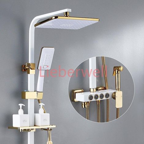 Système de douche de salle de bain numérique chaud/froid de luxe avec robinet thermostatique en laiton doré et commande numérique piano, ensemble de pommeaux de douche effet pluie (1/5)