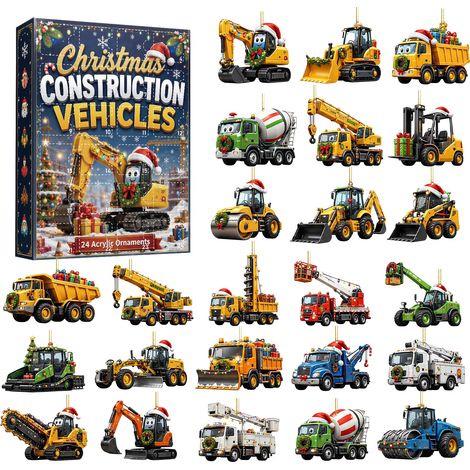 Adventskalender 2026 mit Baustellenfahrzeugen – 24 flache 2D-Acryl-Anhänger mit lustigen Baggern und Lastwagen – Weihnachtsbaumschmuck und Partygeschenk für Kinder (1/5)