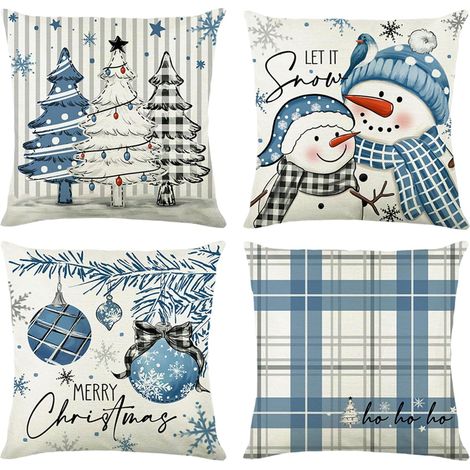 JSSEVN - Christmas Cushion Cover 45x45 - Set of 4 Blue and White Christmas Decorative Cushion Covers, Linen Christmas Pillowcase with Tree for Christmas Decorations (1/5)