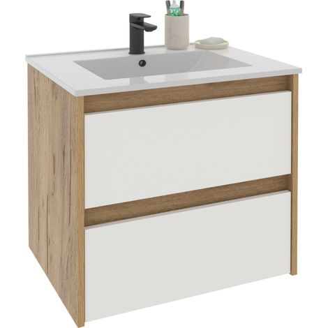 Mueble de Baño Suspendido 60 cm Nilo Blanco Mate y Roble Kraft 2 cajones 60x60x46 cm (SIN Lavabo) (1/5)