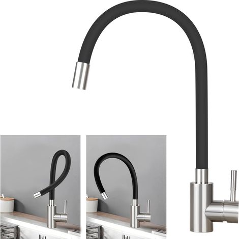 ZMH Robinet de cuisine Robinet de cuisine haute pression Robinet en acier Inox Mitigeur orientable à 360° Robinet d'évier de cuisine Robinet de rinçage flexible Noir (1/4)