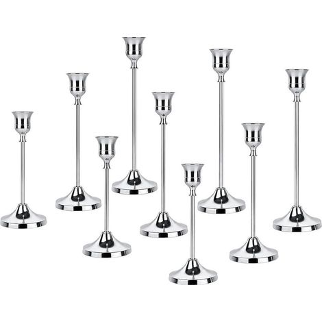 Lot de 9 bougeoirs coniques argentés, alliage de zinc, 16,5/19/22 cm, décor vintage pour mariages, fêtes. (1/5)