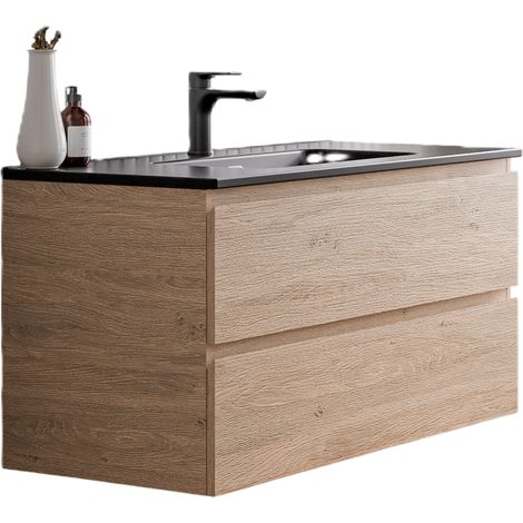 BERNSTEIN - Mobile lavabo sospeso MDF rovere miele, lavelli nero opaco + foro rubinetto, troppopieno, piletta - 100x46x50cm - AVA	Nero opaco, Rovere Miele Oro