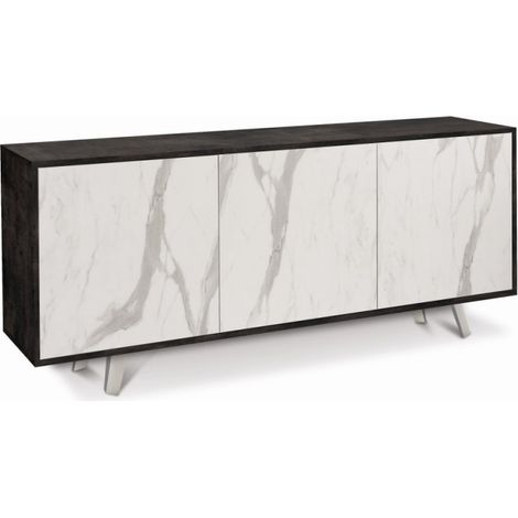 Buffet trois portes en marbre oxyde noir 177x41x74 cm – Structure en bois mélaminé – Ouverture push – Pieds en chrome satiné – Sarmog (1/5)