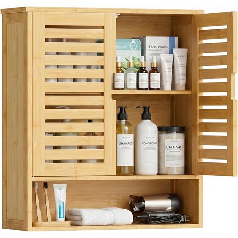 Armoire de Salle de Bain Murale, Organisateur de Rangement en Bambou au-Dessus de la Cuvette, Armoire à Pharmacie Gain de Place avec 2 Portes et étagères réglables (Naturel) (1/5)