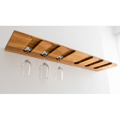 Porte-Verres à Vin en Bois Teck Huilé - Fixation Inclus - 18X200X600mm - Support Suspendu 5 Rangées