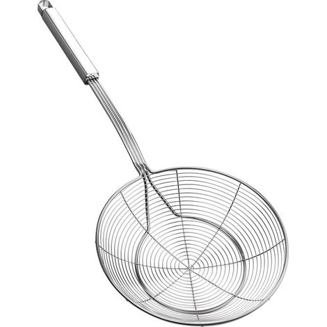 Ecumoire en inox, cuillère en filet de cuisine avec manche pour un usage quotidien pour frire, cuire à la vapeur et servir. Diamètre : 18 cm. Longueur totale : 44 cm