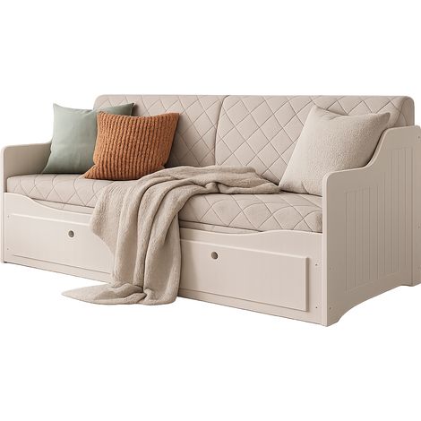 Lit banquette gigogne extensible 90x200 cm INTERBEDS GRAND - avec matelas rembourré matelassé et 2 tiroirs - Cachemire (1/5)