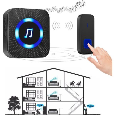 Lntyq Sonnette sans Fil,300M Sonnette de Porte IP55 Étanche Carillon Electronique, 55 Mélodies au 5 Niveaux Volumes, LED Bleu Noir(8.18.12.5cm) (1/5)