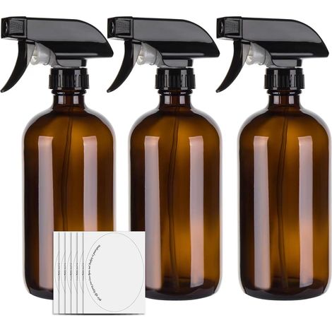 Lot de 3 flacons vaporisateurs vides en verre ambré de 500 ml pour le nettoyage, les cheveux, le jardinage et les huiles essentielles, pulvérisateur à gâchette réglable avec paramètres de jet