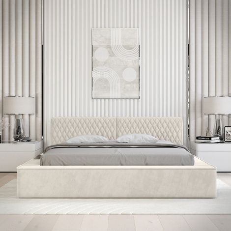 Lit coffre VERNON – Stoff Bouclé-Chenille Naturleinen – 180x200 cm – Lattenrost zum Anheben – Hochwertiges Design