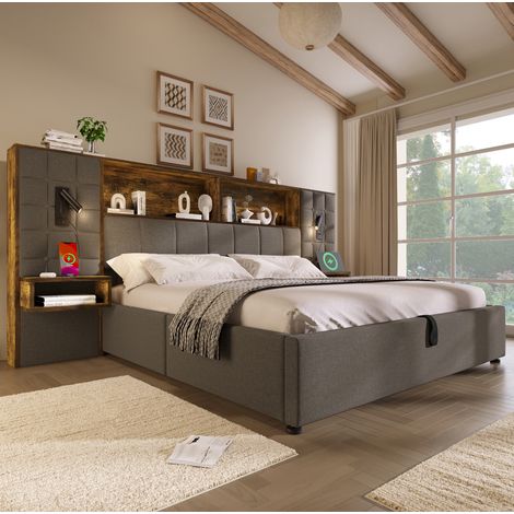 Lit coffre 160 x 200 cm en lin gris avec LED, chevets et ports USB-C – couchage (1/5)
