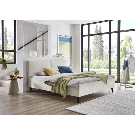 Meise Möbel Polsterbett Piano 180x200 cm Doppelbett Bettgestell Kopfteil mit tiefem Einzug Strukturstoff Beige Holzfuß schwarz (1/5)