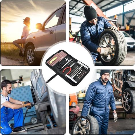 Kit de Réparation de Crevaison 46 Pièces, Pour Pneus Tubeless de Voiture, Moto, Quad, Remorque, Tondeuse, Portable avec Valise de Rangement, Permanent (1/3)