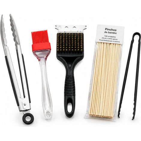 Set Profesional Utensilios Barbacoa 5 Piezas Inoxidable Mangos Silicona (1/5)