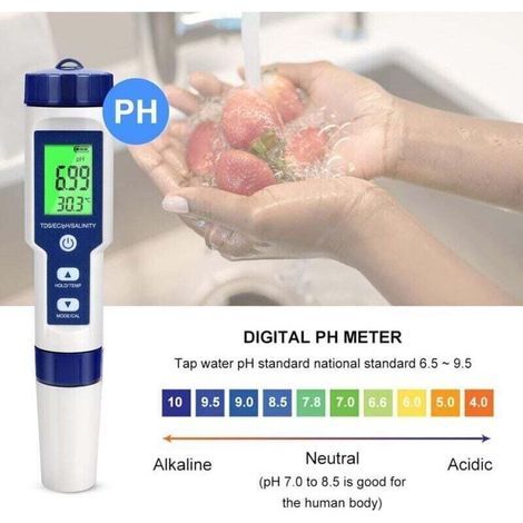 Ph-mètre Testeur PH Electronique , Testeur Eau Piscine 5 en 1 avec Rétro-éclairage , PH/TDS/EC/Salinité/TempmèTre avec ATC , PH Metre Haute Précision de Résolution 0.01 , pour Eau Potable , Aquarium (1/3)