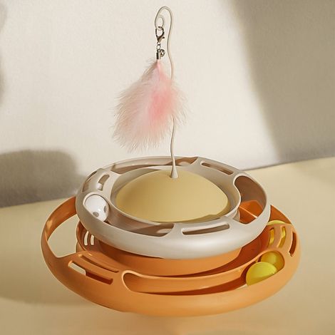 Chat plateau tournant jouet interactif drôle plume circulaire chaton jouets pour chats chatons blanc jaune (1/5)