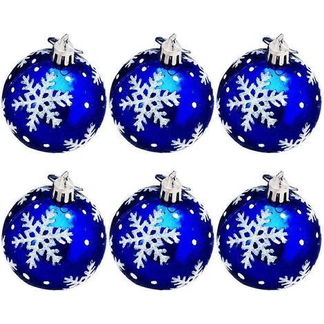 Set mit 6 weihnachtlichen Kugeln zum Aufhängen am Weihnachtsbaum. Die Kugeln haben einen Durchmesser von 6 cm und sind aus glänzendem Kunststoff gefertigt, mit Schneeflocken bemalt. – 666 cm (1/3)