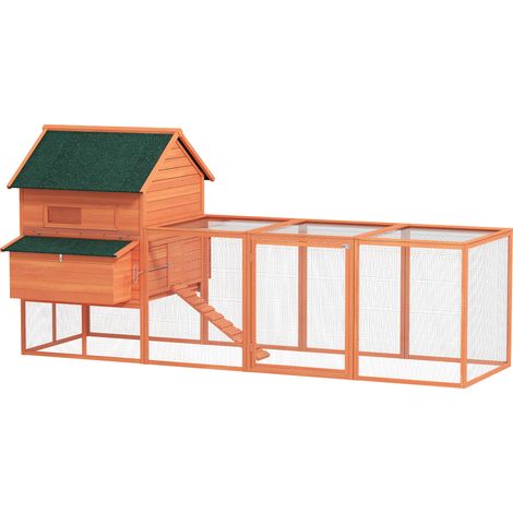 PawHut gallinero de madera grande exterior, caseta para gallinas con 2 nidos, corral, techo asfáltico, bandeja extraíble, 347x160x150 cm, naranja