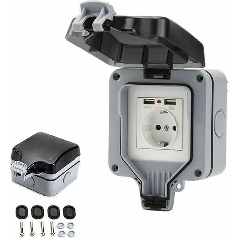 Prise Étanche IP66 avec Connexions USB Prise Électrique Extérieure avec Couvercle Boîtier de Prise Murale pour Jardin Garage Piscine (1/5)