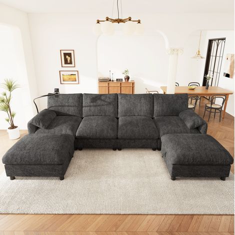 Canapé d’angle modulable 273.5x133x81 cm gris en chenille avec 2 poufs de rangement, USB et support téléphone (1/5)