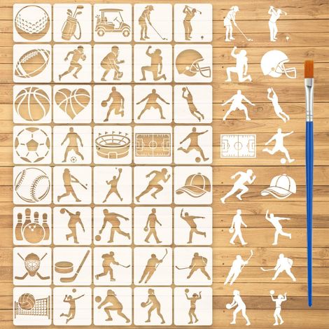 40 Pièces Pochoirs de Thème Sportif avec un Pinceau 13x13cm Petits Pochoirs de Peinture de Ballon Sport Gabarit Dessin Basketball Football Pochoir Silhouettes Athlète pour DIY Bois Mur (1/5)