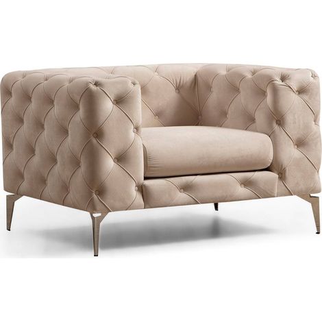 Fauteuil capitonné velours beige clair et pieds chromés Herakles 108cm (1/4)