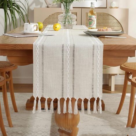 Runner da tavolo rustico in lino con nappa fatta a mano, stile fattoria, lungo 183 cm, per decorazioni per feste e sale da pranzo, 33 x 183 cm (bianco sporco) (1/4)