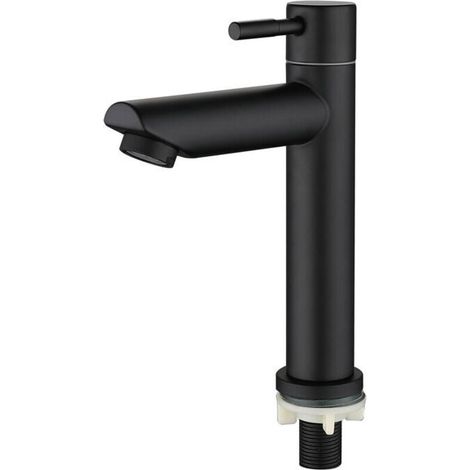 Rubinetto per lavandino, rubinetto per bagno, rubinetto con beccuccio, rubinetto per acqua fredda, valvola a colonna, altezza totale: 18 cm, NERO (1/4)