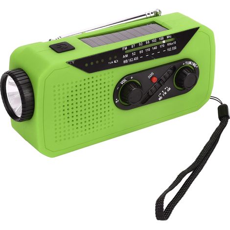 Radio portable solaire d'urgence avec lampe torche LED, batterie 2000 mAh, idéale pour le camping et la randonnée (vert, type US). (1/5)