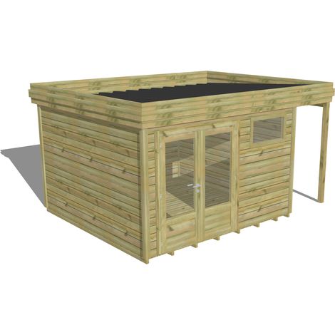 ABRI DE JARDIN bois Pin autoclave 27mm - 4,44x3,44m / 15,3m2 - Bac acier - Plancher bois