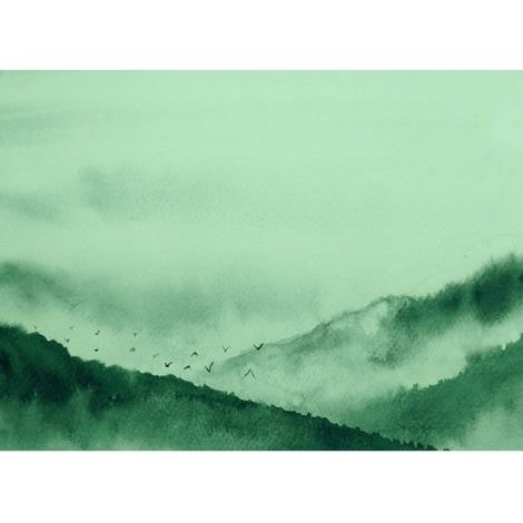 Papier peint panoramique montagne original Tapisserie panoramique verte paysage effet aquarelle Papier peint panoramique nature pour chambre (1/4)