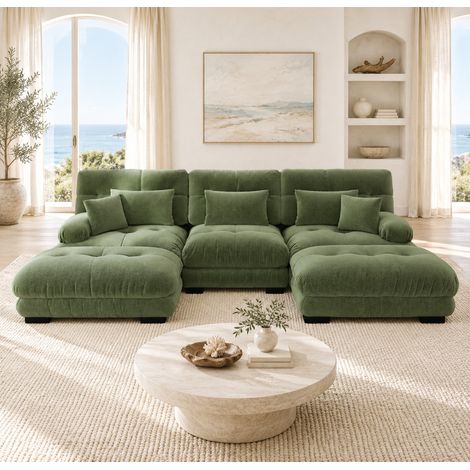 Canapé d'angle modulaire en tissu vert, assise profonde, avec ottoman, convertible, style cloud et confort cocooning pour salon spacieux - CHICFURN (1/5)