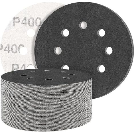 Paquete de 50 hojas de papel abrasivo de carburo de silicio de 125 mm, grano 400, calidad profesional, redondas, con 8 agujeros, para uso en seco y húmedo. Ideal para aplicaciones en metal y automoció (1/5)