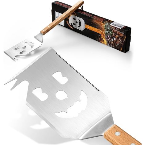 Spatule pour barbecue Outil multifonction robuste en acier inoxydable avec longue poignée en bois Ustensile de camping et de (1/5)