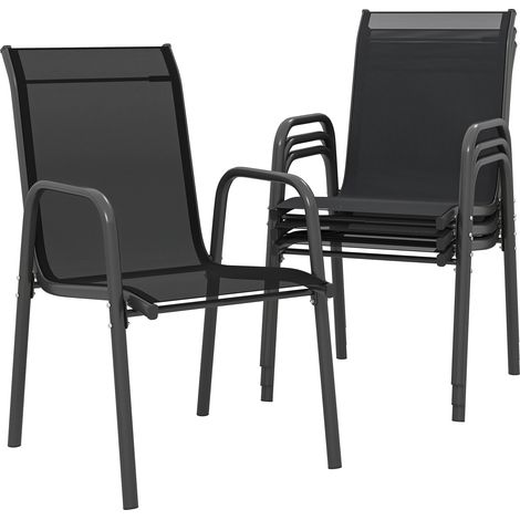 4er-Set Gartenstühle, stapelbare Esszimmerstühle mit Armlehnen und hoher Rückenlehne, Schwarz