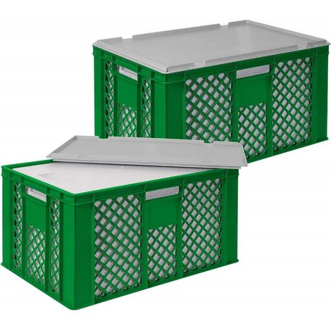 BRB Set, 2x 31,6 Liter Thermobox aus EPS in Eurobox durchbrochen 600x400x320, grün, mit Deckel grau (1/3)