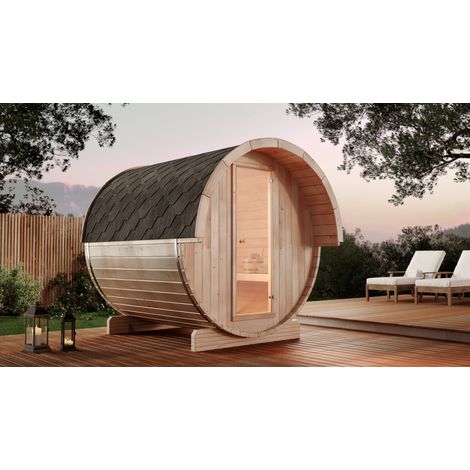 FinnTherm Fasssauna Samantha Fasssauna 2 Sitzbänke aus Holz, Sauna mit 42 mm Wandstärke, Außensauna mit Montagematerial (1/5)