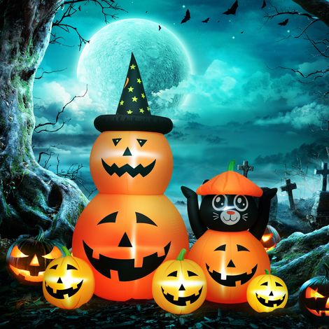 Citrouille gonflable d'Halloween avec chat à six pattes, lumières LED, indice de protection IP44 et gonfleur inclus, idéale pour les fêtes, 160 x 100 x 180 cm, orange. (1/5)