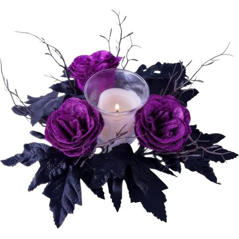 Corona decorativa para vela (Halloween), rosas artificiales moradas con purpurina y hojas de arce negras. (1/5)