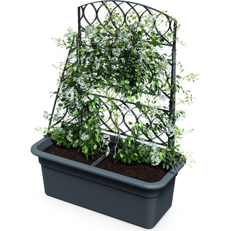 Kunststoff Blumenkasten anthrazit mit Rankgitter - 80 x 59 cm - Garten Pflanztopf mit Kletterhilfe