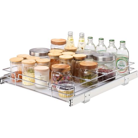 Rangement sous Évier 385x533x85 mm, 1 Étage Panier Coulissant pour Placard en Acier Chromé Tiroir Coulissant Cuisine avec Tablette, Taille d'Installation du Placard de 415x563x185 mm (1/5)