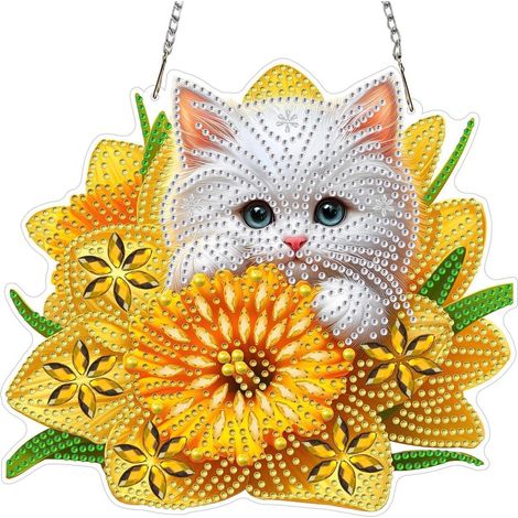 Diamond Painting Anhänger mit Kette, Fensterbild Gelbe Blumen Katze, 20x20cm (1/4)