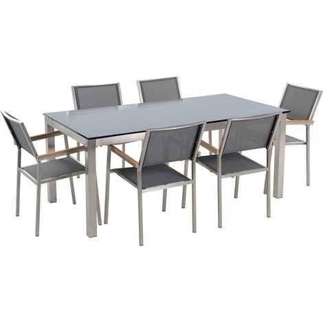 Conjunto de comedor de jardín gris con mesa 180 x 90 cm de vidrio negro 6 sillas Grosseto (1/5)
