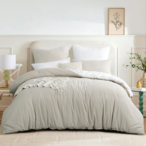 Parure de lit 200x220 Beige Blanc 3 pièces - Parure de lit réversible avec housse de couette 200 x 220 cm et fermeture éclair, ensembles de literie en microfibre, doux et sans (1/5)