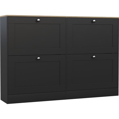 4 Drawer Shoe Cabinet Wooden Shoe Storage Unit, H 80 x W 105 x D 24 cm, Black and Oak
