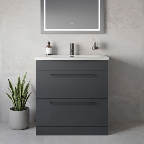 Napoli 390 Gloss Grey 800mm 2 Drawer Vanity Unit with Arc Basin - 800mm - Gunmetal Grey 480mm Handle