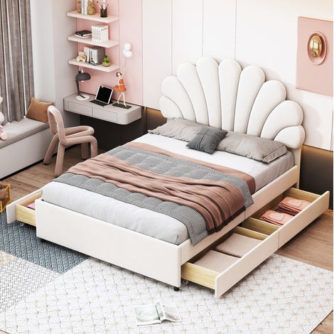 Cama doble tapizada con 4 cajones dormitorio beige OKMYHOME (1/5)