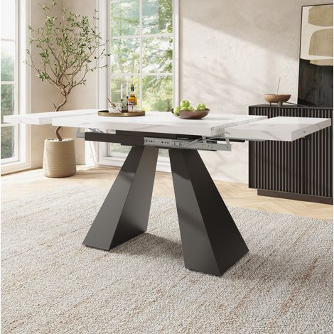 Tavolo allungabile 99-159x74x77 cm bianco e nero in MDF e metallo con piano effetto marmo e struttura stabile (1/5)
