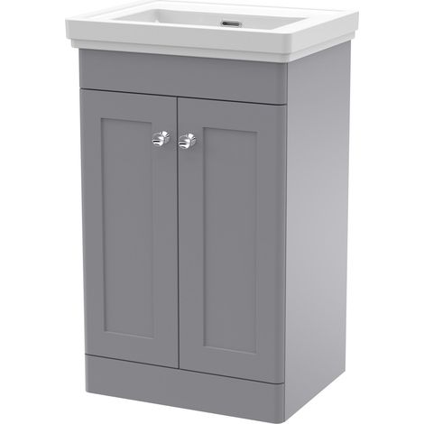 Nuie Classique Floor Standing 2-Door Vanity Unit with Basin 500mm Wide Satin Grey - 0 Tap Hole (1/4)